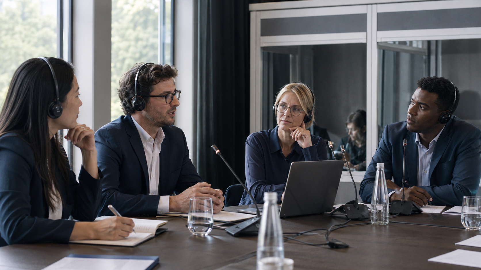 Réunion professionnelle avec interprétation simultanée